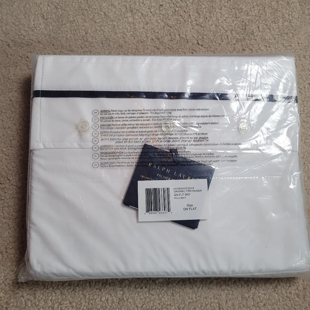 New Ralph Lauren Organic Cotton Palmer Percale Queen Flat Sheet White/ Polo Navy